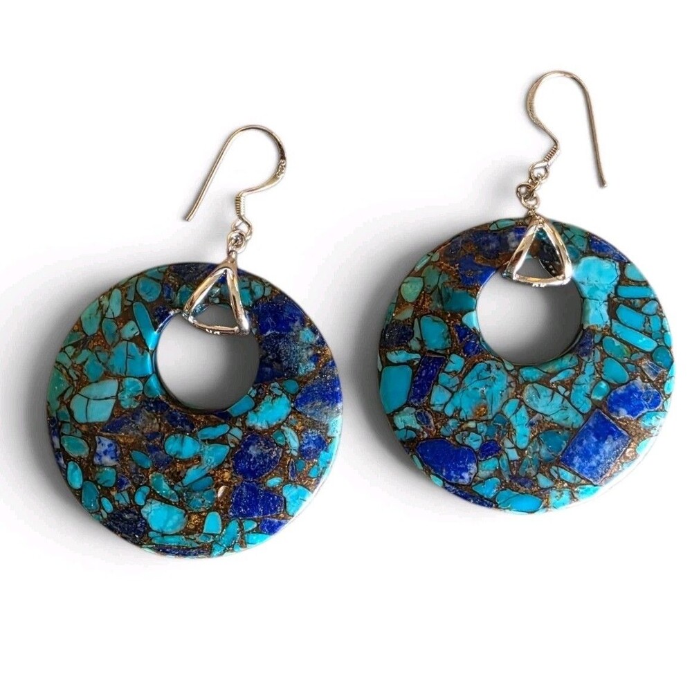 Sterling Silver Blue Turquoise & Lapis Earrings Round Donut Dangle 1.5 In DK JTV